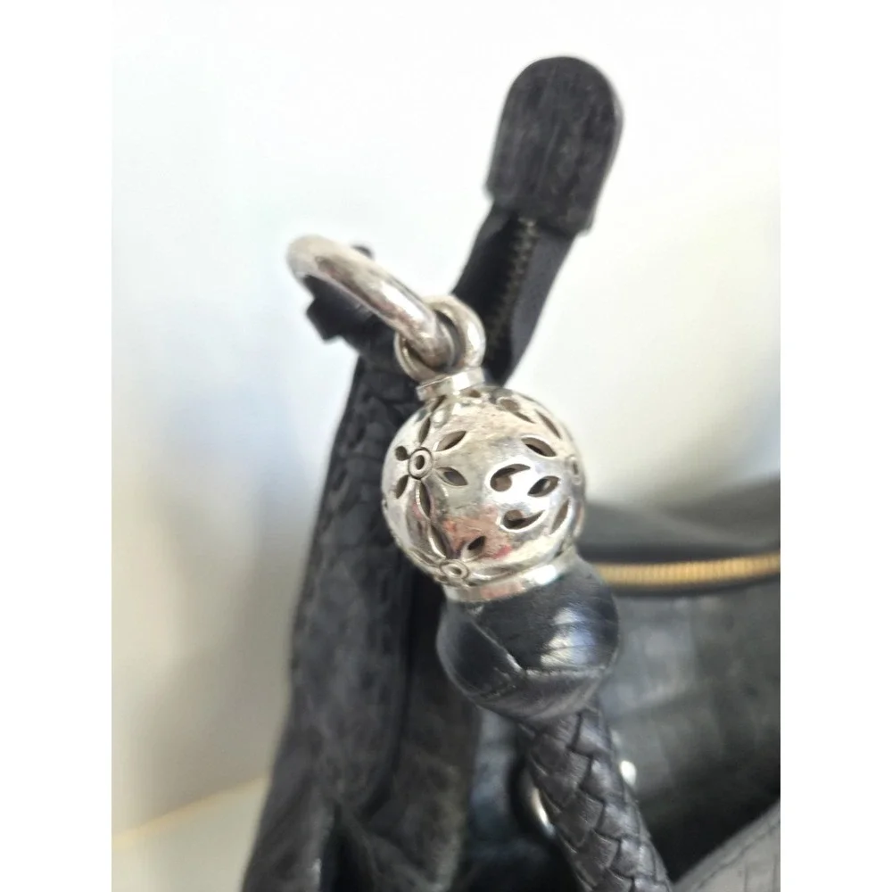 BRIGHTON Vintage Black Leather Croc Embossed Large‎ Handbag Shoulder Hobo